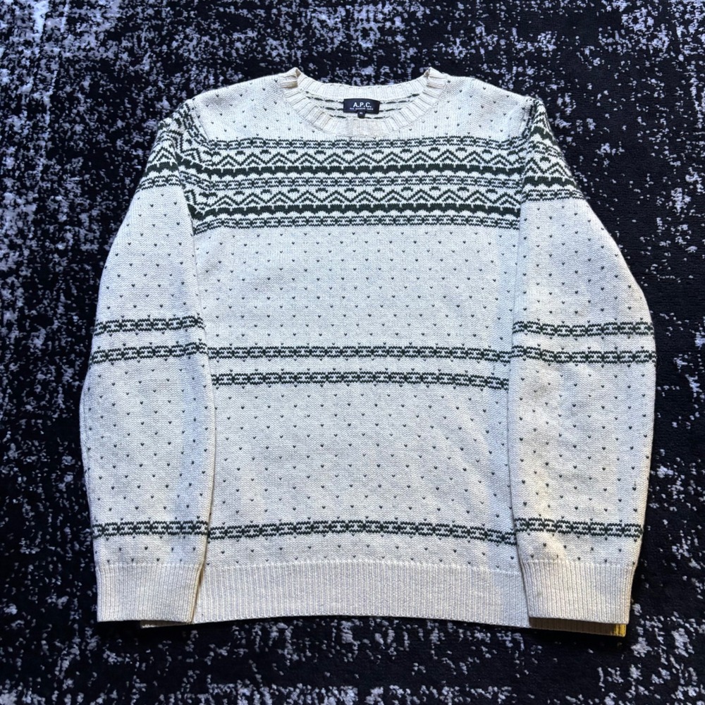 APC Mens Lambswool Fair Isle Crewneck Sweater Cream Green XL Rue Madame Paris